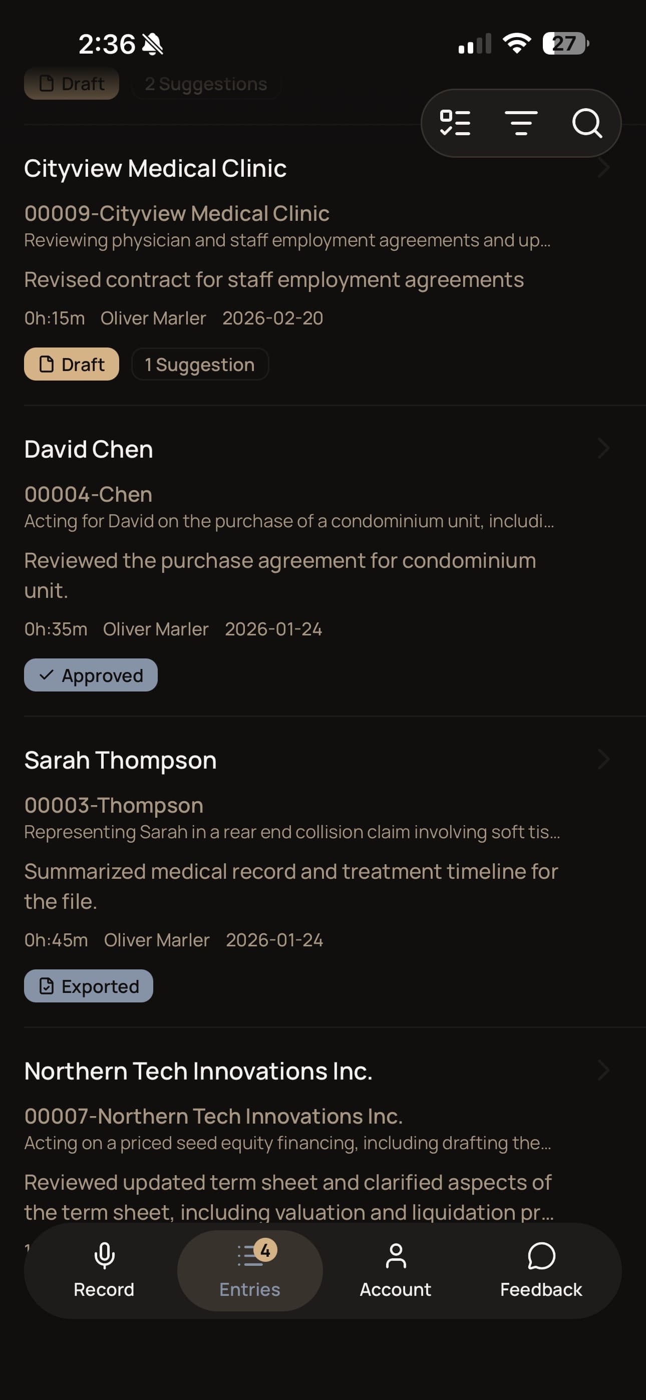 CaseClock AI validation — entry list