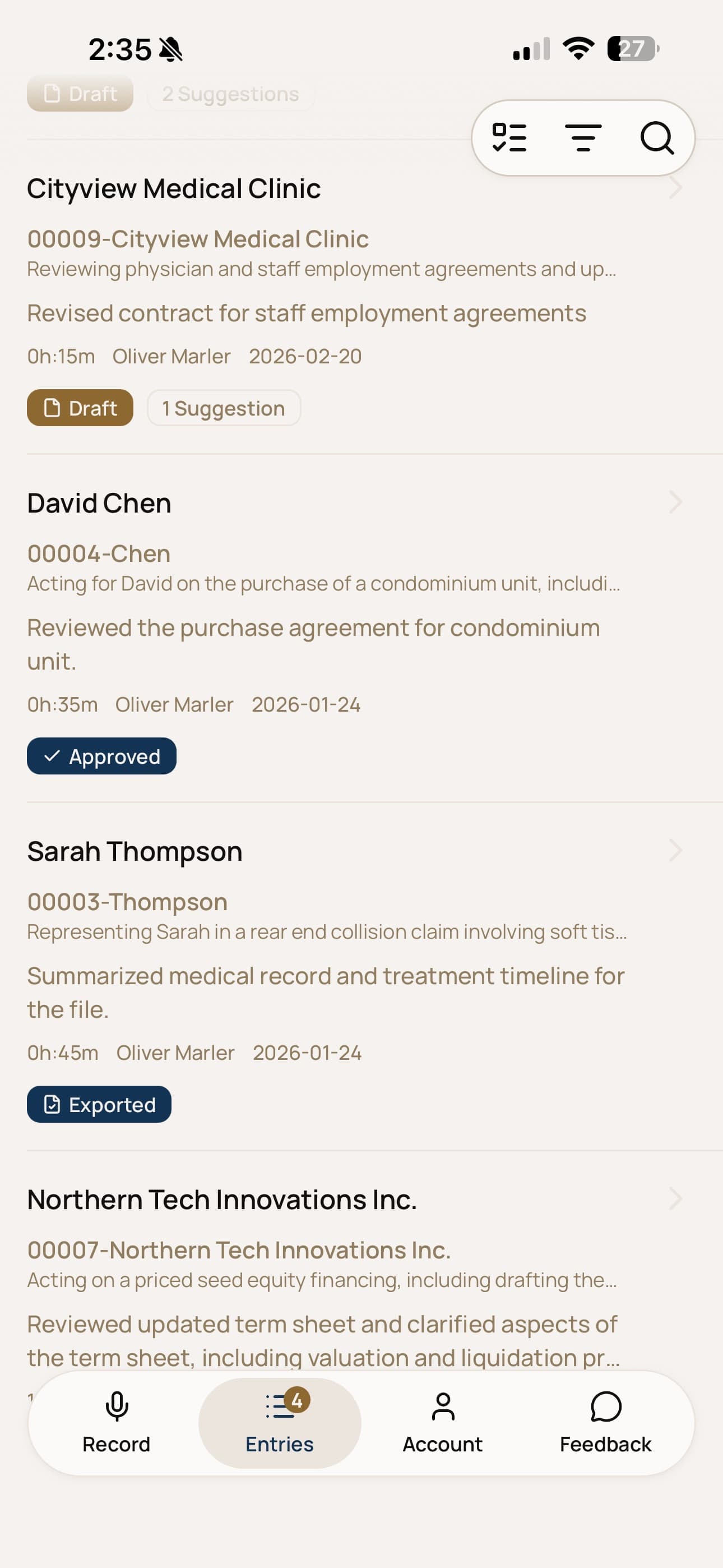 CaseClock entry list — AI-drafted time entries awaiting review
