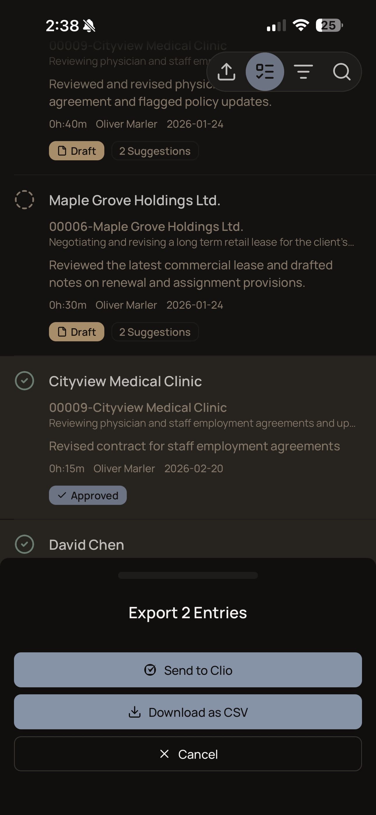 CaseClock Clio integration export screen