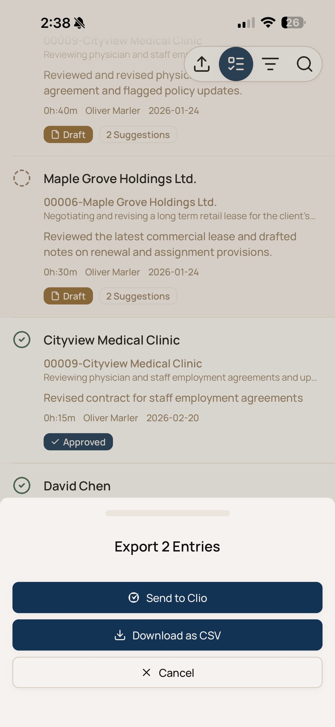 CaseClock export screen — approved entries ready to sync or export